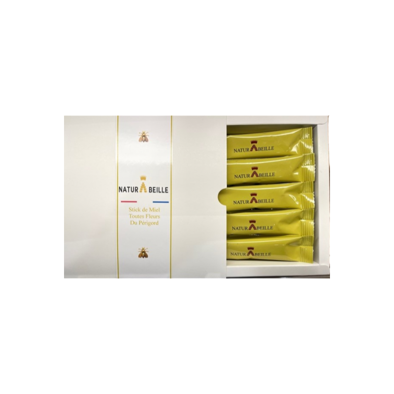 Boite de 30 sticks de miel  de toutes fleurs de dordogne de 12 grammes disponible chez naturabeille France